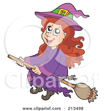 Royalty-Free (RF) Clipart Illustration of a Cute Halloween Witch In Purple, In Flight On Her Broomstick by visekart