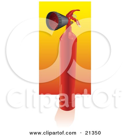 Clipart Illustration of a Red Tall Fire Extinguisher With A Nozzle, Resting On A Reflective White Surface by Paulo Resende