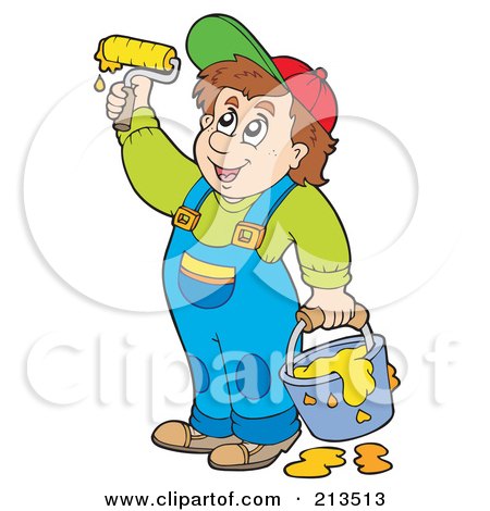 Royalty-Free (RF) Clipart Illustration of a Happy Painter Using A Paint Roller And Holding A Bucket Of Yellow Paint by visekart