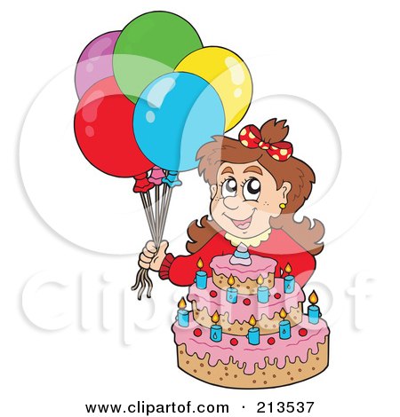 Royalty-Free (RF) Clipart Illustration of a Brunette Birthday Girl With Balloons And A Cake by visekart
