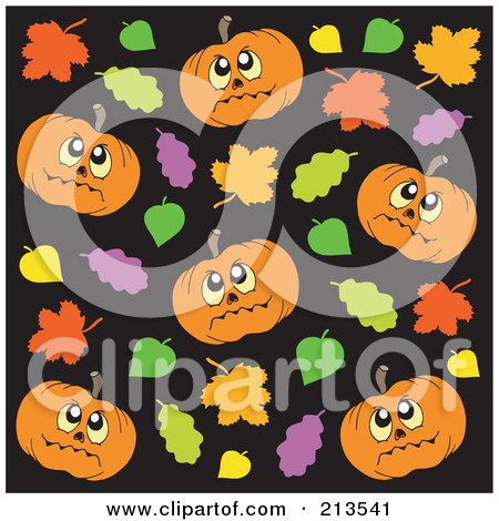 Royalty-Free (RF) Clipart Illustration of a Background Of Halloween Pumpkins And Autumn Leaves On Black by visekart