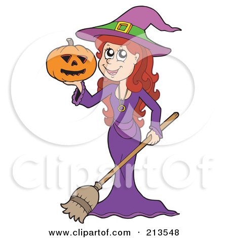 Royalty-Free (RF) Clipart Illustration of a Cute Halloween Witch In Purple, Holding A Jackolantern And Broom by visekart