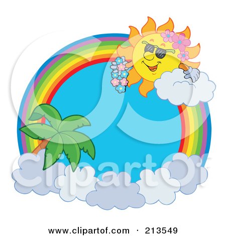 Royalty-Free (RF) Clipart Illustration of a Rainbow And Cloud Circle With A Hawaiian Summer Time Sun by visekart