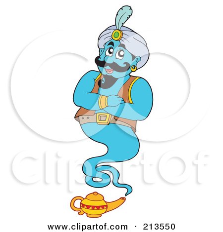 Royalty-Free (RF) Clipart Illustration of a Blue Genie Above His Little Lamp by visekart