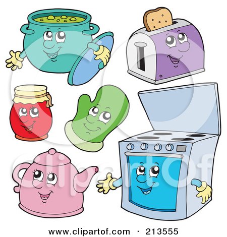 Royalty-Free (RF) Clipart Illustration of a Digital Collage Of Pot, Toaster, Jar, Mitt, Tea Pot And Oven Characters by visekart