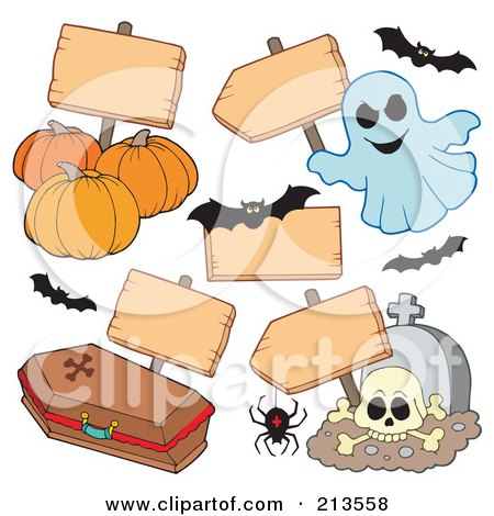 Royalty-Free (RF) Clipart Illustration of a Digital Collage Of Halloween Items And Blank Signs by visekart