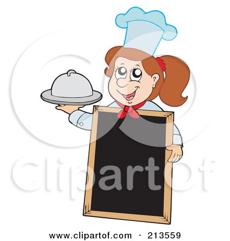 Royalty-Free (RF) Clipart Illustration of a Brunette Chef Girl Holding A Platter By A Blank Menu Board by visekart
