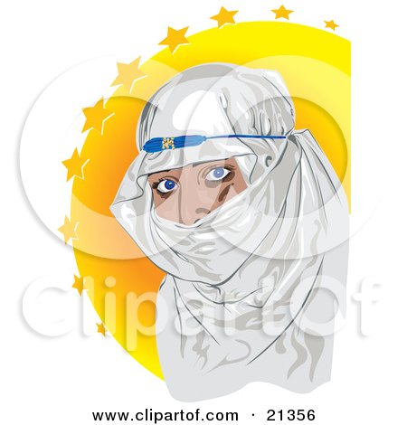Clipart Illustration of a Blue Eyed Muslim Woman Covered In A White Headscarf Over A Yellow Starry Background by Paulo Resende