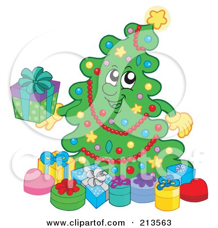 Royalty-Free (RF) Clipart Illustration of a Happy Christmas Tree Holding A Present by visekart