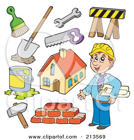 Royalty-Free (RF) Clipart Illustration of a Digital Collage Of A Builder And Contractor Items by visekart