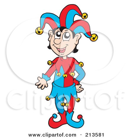 Royalty-Free (RF) Clipart Illustration of a Friendly Joker In A Red And Blue Costume by visekart