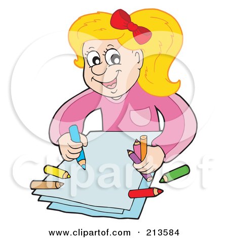 Royalty-Free (RF) Clipart Illustration of a Blond Girl Coloring With Crayons by visekart