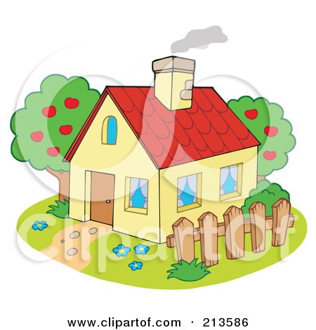 Royalty-Free (RF) Clipart Illustration of a Cute Yellow House With Smoke Rising From The Chimney by visekart