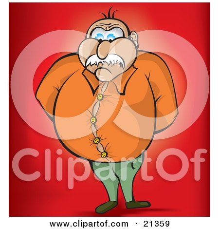 Clipart Illustration of an Embarassed Overweight Man Looking Down At His Shirt That Is About To Bust Open Over His Bulging Belly by Paulo Resende