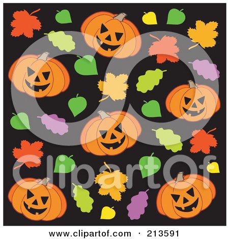Royalty-Free (RF) Clipart Illustration of a Background Of Evil Jackolanterns And Autumn Leaves On Black by visekart