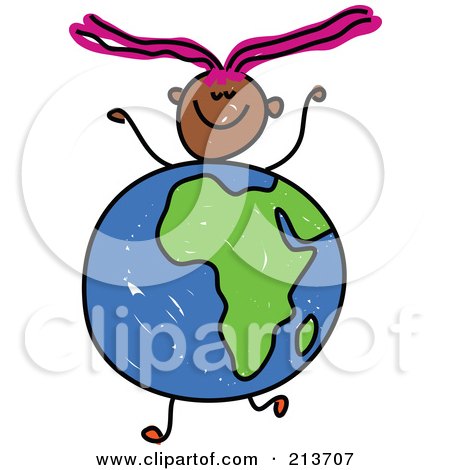 Royalty-Free (RF) Clipart Illustration of a Childs Sketch Of A Happy Girl With An African Globe Body by Prawny