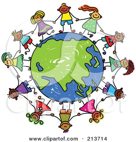 Royalty-Free (RF) Clipart Illustration of a Childs Sketch Of Children Holding Hands Around An Asian Globe by Prawny