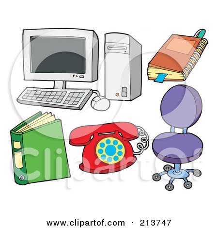 Royalty-Free (RF) Clipart Illustration of a Digital Collage Of A Computer With A Notebook, Binder, Phone And Chair by visekart