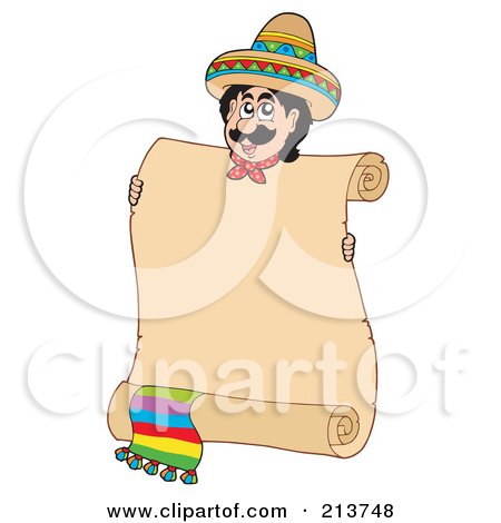 Royalty-Free (RF) Clipart Illustration of a Mexican Man Behind A Blank Parchment Scroll by visekart
