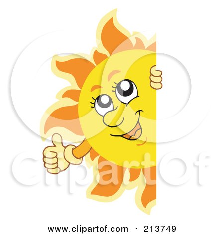 Royalty-Free (RF) Clipart Illustration of a Happy Summer Sun Holding A Thumb Up And Looking Around A Blank Sign by visekart