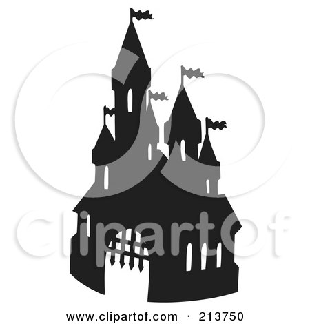 Royalty-Free (RF) Clipart Illustration of a Black And White Castle Silhouette With A Gate by visekart