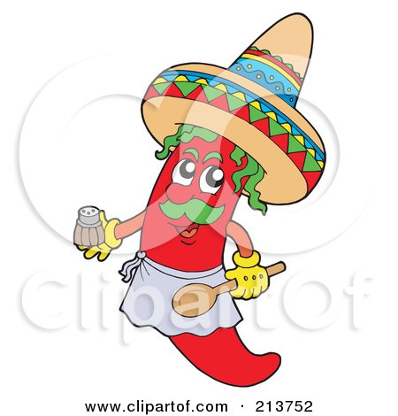 Royalty-Free (RF) Clipart Illustration of a Male Mexican Chili Pepper Holding A Spoon And Salt Shaker by visekart