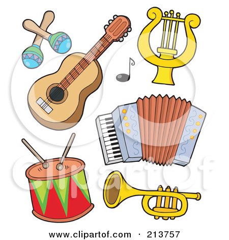Royalty-Free (RF) Clipart Illustration of a Digital Collage Of Musical Instruments by visekart