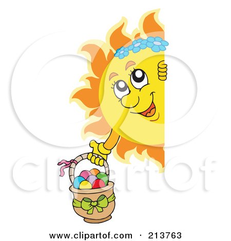 Royalty-Free (RF) Clipart Illustration of a Happy Summer Sun Holding An Easter Basket And Looking Around A Blank Sign by visekart