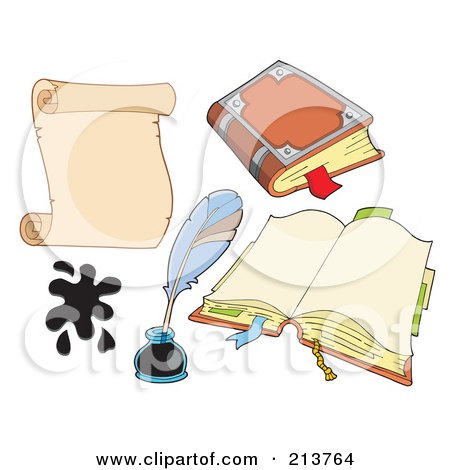 Royalty-Free (RF) Clipart Illustration of a Digital Collage Of A Scroll With Ink, A Quill, And Books by visekart