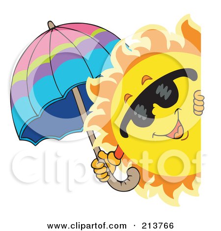 Royalty-Free (RF) Clipart Illustration of a Happy Summer Sun Holding An Umbrella And Looking Around A Blank Sign by visekart