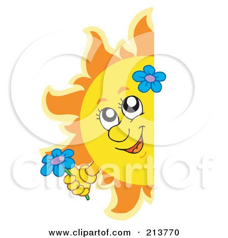 Royalty-Free (RF) Clipart Illustration of a Happy Summer Sun Holding A Flower And Looking Around A Blank Sign by visekart