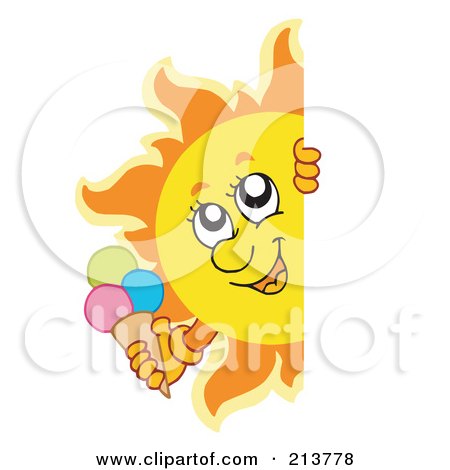 Royalty-Free (RF) Clipart Illustration of a Happy Summer Sun Holding An Ice Cream Cone And Looking Around A Blank Sign by visekart