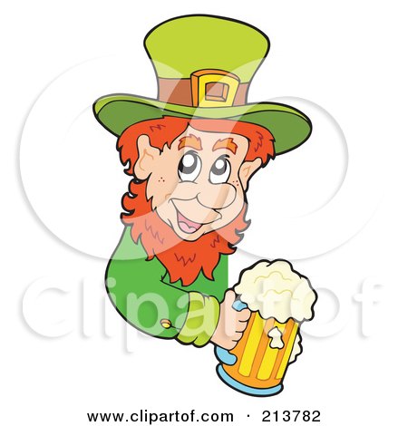 Royalty-Free (RF) Clipart Illustration of a Leprechaun Holding A Beer Mug Around A Blank Sign by visekart