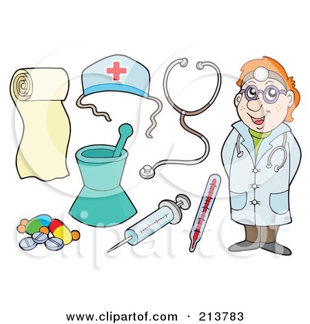 Royalty-Free (RF) Clipart Illustration of a Digital Collage Of A Friendly Doctor And Medical Items by visekart