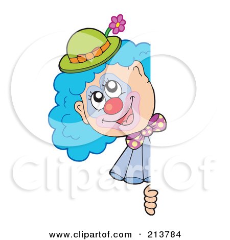 Royalty-Free (RF) Clipart Illustration of a Happy Clown Peeking Around A Blank Sign by visekart