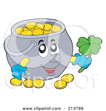 Royalty-Free (RF) Clipart Illustration of a Happy Pot Of Gold Coins Holding A Shamrock by visekart