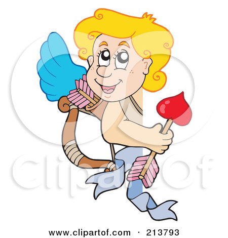 Royalty-Free (RF) Clipart Illustration of a Cute Blond Cupid Looking Around A Blank Sign by visekart