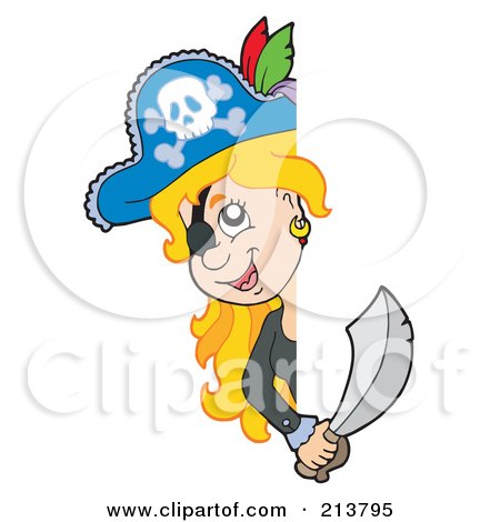 Royalty-Free (RF) Clipart Illustration of a Blond Female Pirate Looking Around A Blank Sign by visekart