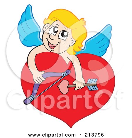 Royalty-Free (RF) Clipart Illustration of a Cute Blond Cupid Over A Red Heart by visekart