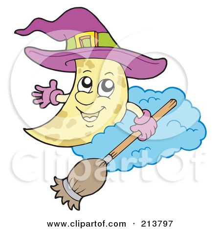 Royalty-Free (RF) Clipart Illustration of a Crescent Moon Wearing A Witch Hat And Holding A Broom by visekart