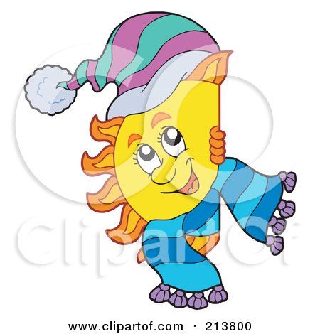 Royalty-Free (RF) Clipart Illustration of a Happy Sun Wearing A Scarf And Hat And Looking Around A Blank Sign by visekart