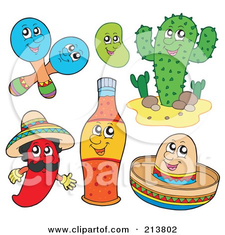 Royalty-Free (RF) Clipart Illustration of a Digital Collage Of Maracas, A Bean, Cactus, Chili Pepper, Hot Sauce And Sombrero Characters by visekart
