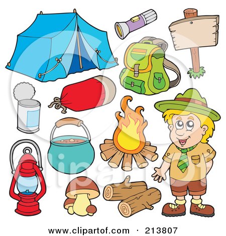 Royalty-Free (RF) Clipart Illustration of a Digital Collage Of A Camper And Camping Gear by visekart