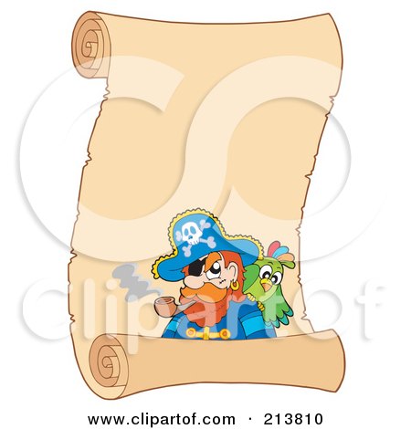 Royalty-Free (RF) Clipart Illustration of a Pirate And Parrot On A Blank Parchment Scroll by visekart