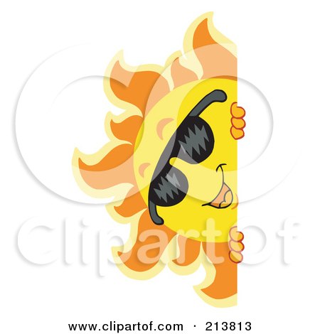 Royalty-Free (RF) Clipart Illustration of a Happy Summer Sun With Shades, Looking Around A Blank Sign by visekart