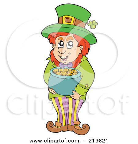 Royalty-Free (RF) Clipart Illustration of a Leprechaun Standing With His Pot Of Gold by visekart