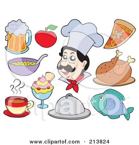 Royalty-Free (RF) Clipart Illustration of a Digital Collage Of A Male Chef And Food by visekart