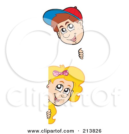 Royalty-Free (RF) Clipart Illustration of a Digital Collage Of A Boy And Girl Peeking Around Blank Signs by visekart
