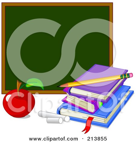 Royalty-Free (RF) Clipart Illustration of an Apple With Chalk By Books And A Chalk Board by Pushkin
