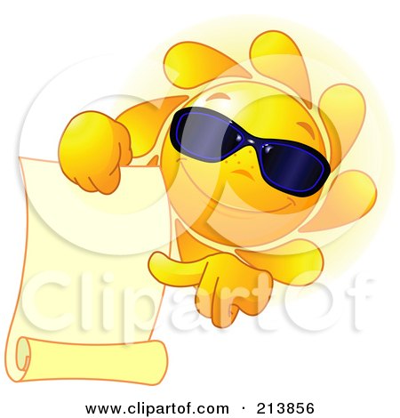 Royalty-Free (RF) Clipart Illustration of a Sun Face Wearing Shades And Pointing To A Blank Scroll by Pushkin